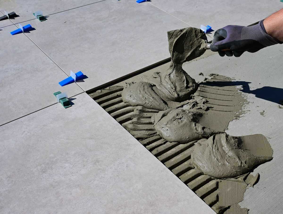 Mains gantées appliquent du mortier sur le carrelage